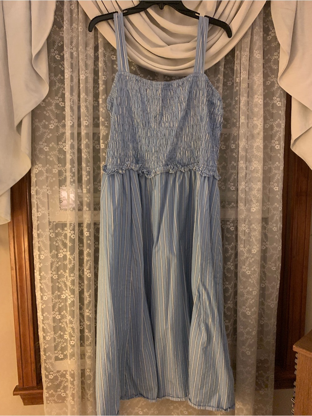 Old Navy Light Blue Striped Smocked Midi Dress
